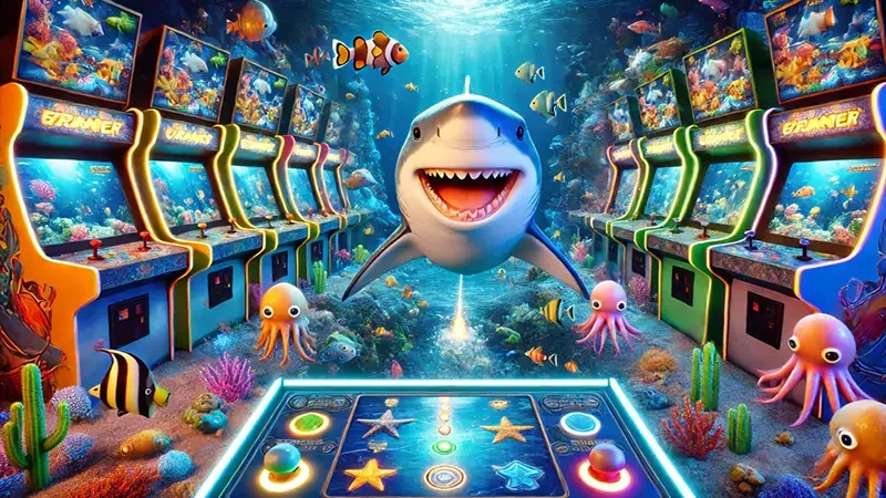 Adegan target ikan dan kendali meriam dalam permainan arcade